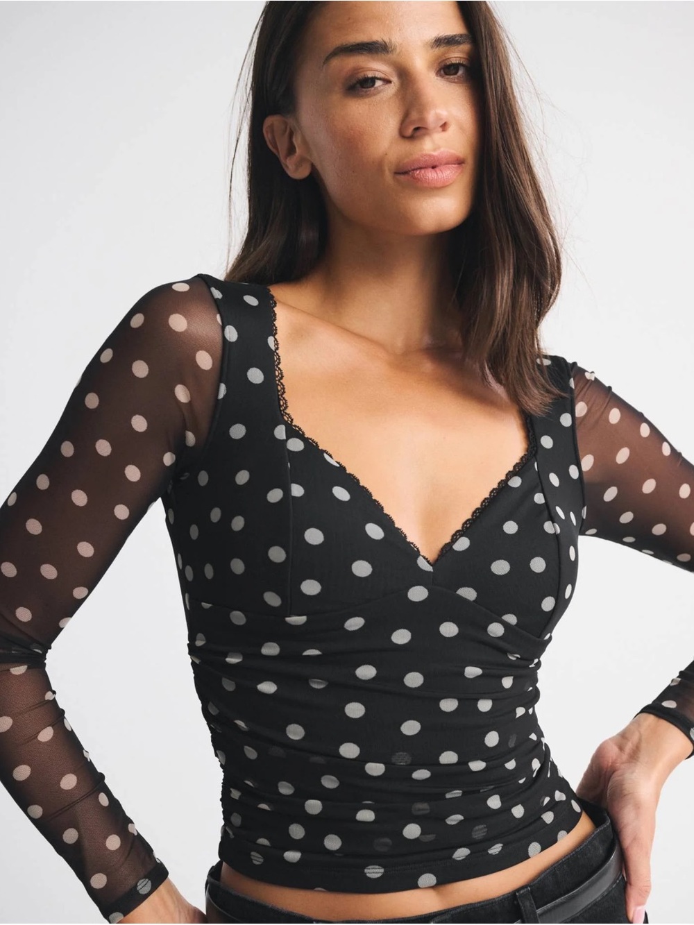 Abercrombie & Fitch Black Polka Dot Mesh Wrap Crop Top